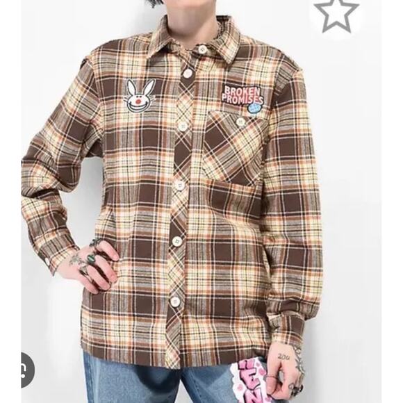 Broken Promises X Happy Bunny Grafitti Flannel Button Front Shirt sz LG - Picture 10 of 11